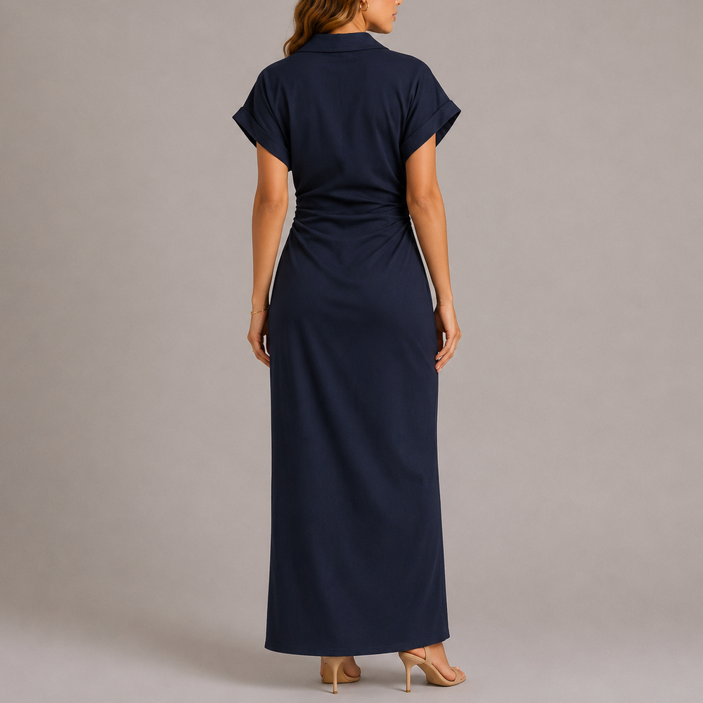 Nevaessa | Women's Wedding Guest Elegant Tailored Denim Midi Dress with Side Zip Dresses — 2