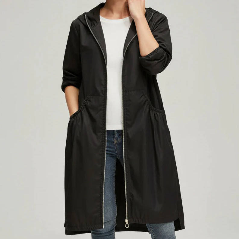 Nevalia | Women's Casual Stretch Minimal Insulated Waterproof Rain Coat with Pockets Tops — Black