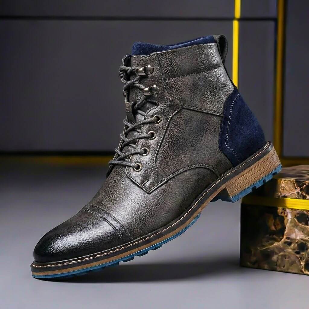 Nevalyn | Women's Comfortable and Classic Two-Tone Leather Boots — Gray Blue