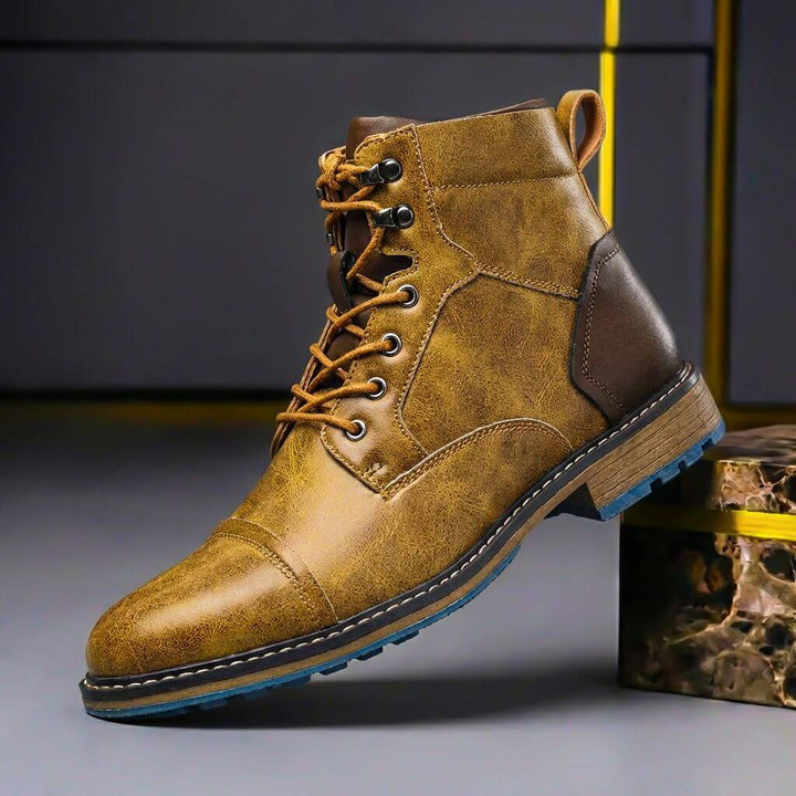 Nevalyn | Women's Comfortable and Classic Two-Tone Leather Boots — Khaki Brown