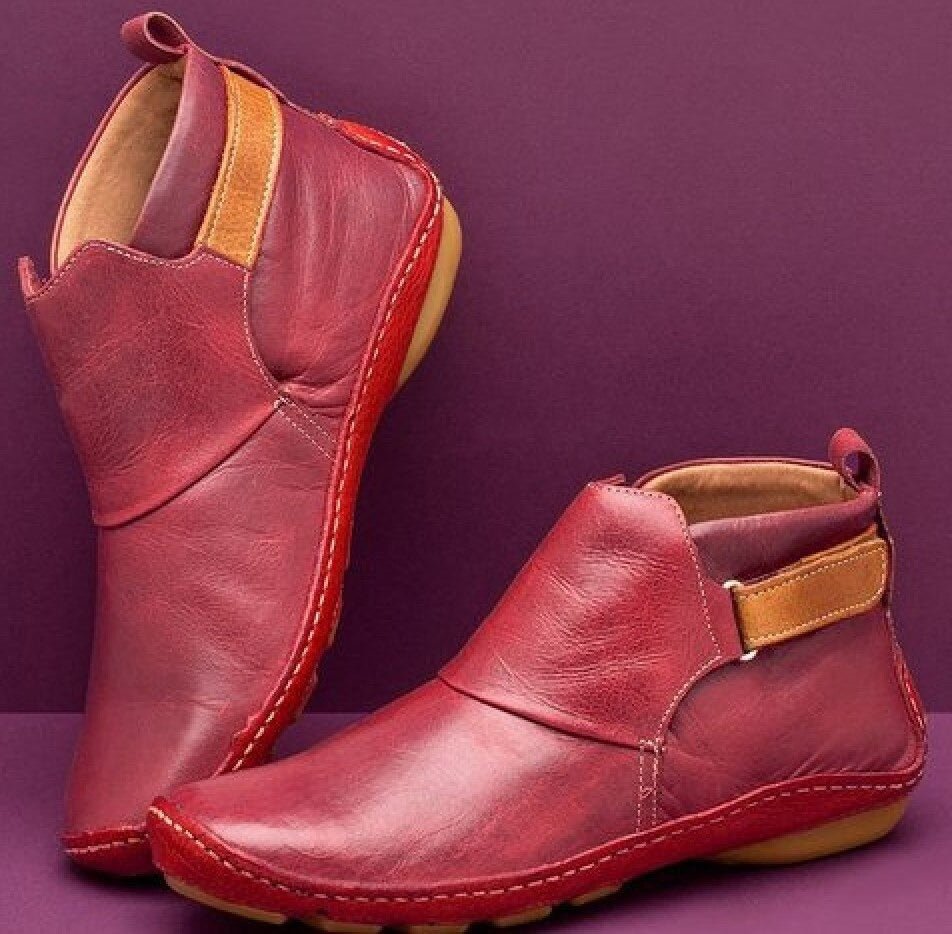Nevaoura | Women's Comfortable Leather Strap Ankle Boots — Red