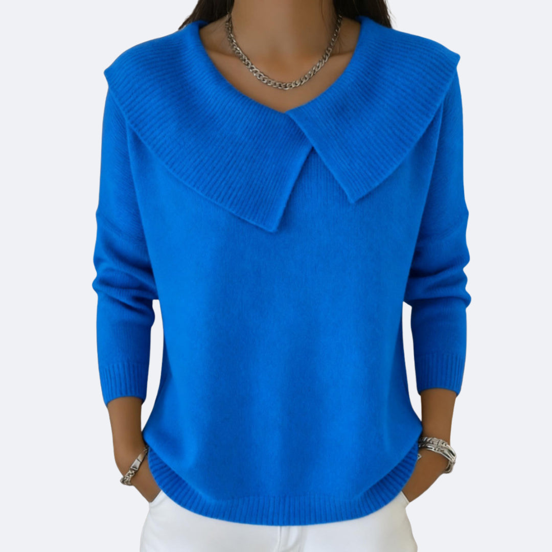 Nevareth | Women's Knit Cozy Warm Sweater with Soft Collar — Deep Blue
