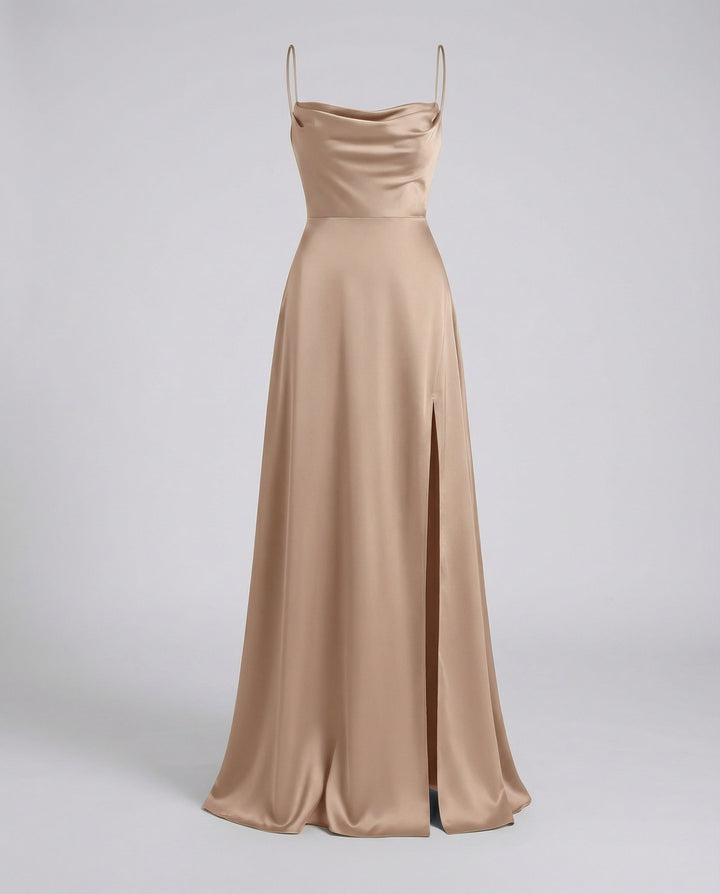 Nevariel | Women's Elegant Cowl Neck Evening Maxi Dress — Brown