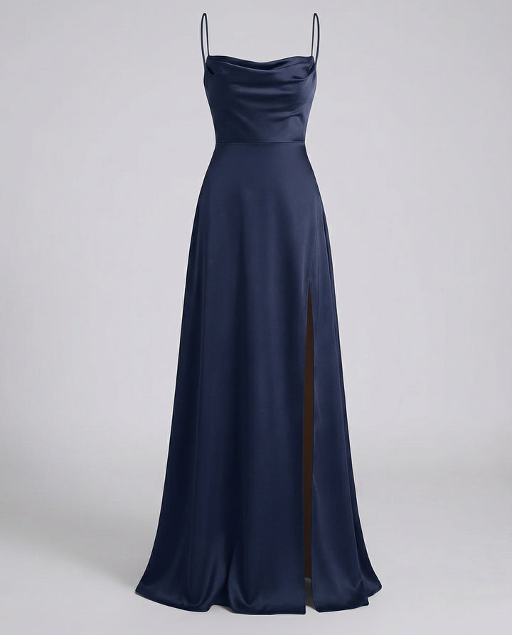 Nevariel | Women's Elegant Cowl Neck Evening Maxi Dress — Dark Blue