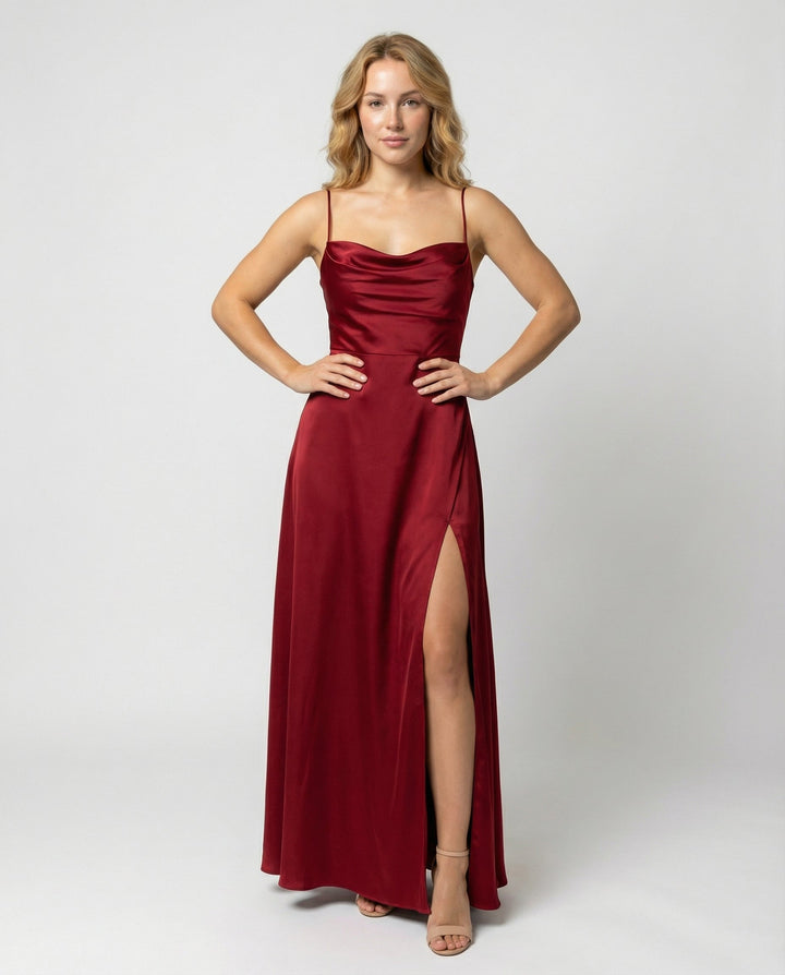 Nevariel | Women's Elegant Cowl Neck Evening Maxi Dress — Red