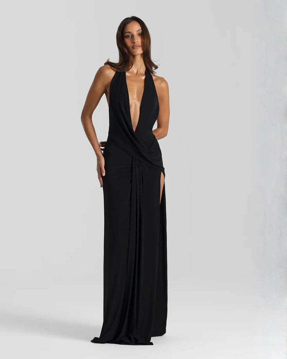 Nicoletta | Women's Wedding Guest Elegant Halter Neck Backless Maxi Dress Dresses — Black