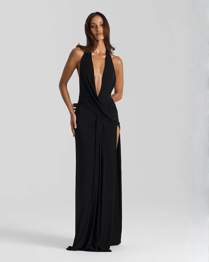 Nicoletta | Women's Wedding Guest Elegant Halter Neck Backless Maxi Dress Dresses — Black