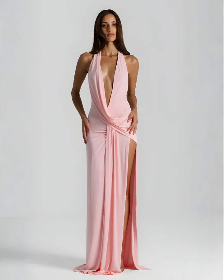 Nicoletta | Women's Wedding Guest Elegant Halter Neck Backless Maxi Dress Dresses — Pink