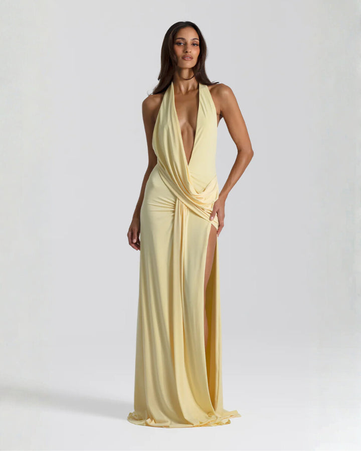 Nicoletta | Women's Wedding Guest Elegant Halter Neck Backless Maxi Dress Dresses — Yellow