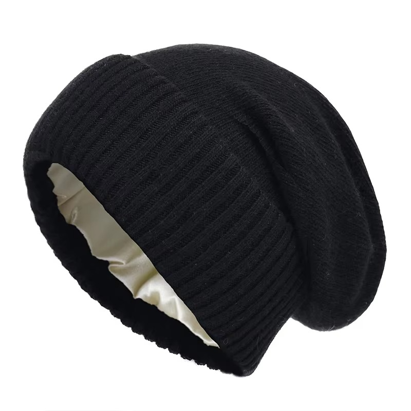 Ninonstine | Women's Cozy Knit Beanie with Satin Lining and Stretch Fit Sweaters — Black