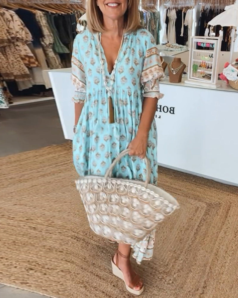 Nirareth | Women's Wedding Guest Elegant Boho V-Neck Printed Midi Dress Dresses — Blue
