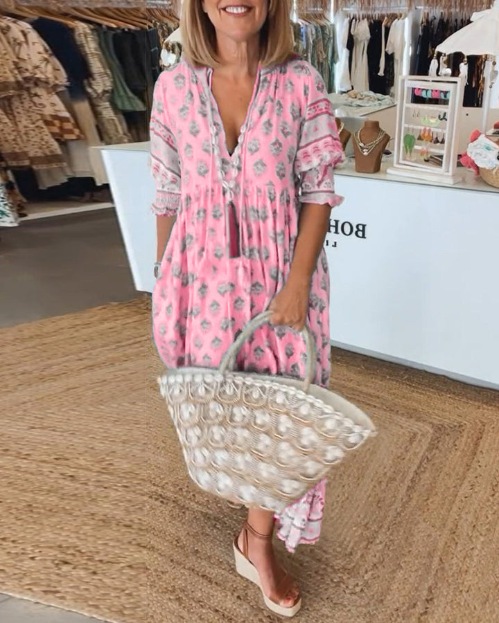 Nirareth | Women's Wedding Guest Elegant Boho V-Neck Printed Midi Dress Dresses — Pink