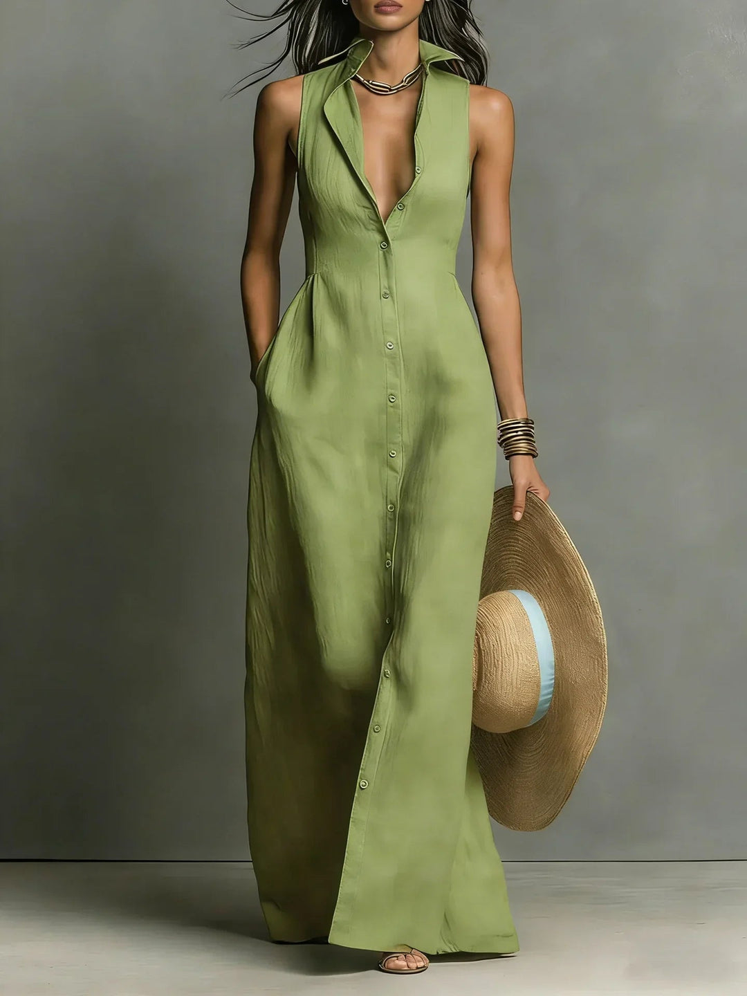 Nirasia | Women's Wedding Guest Elegant Button Down Sleeveless Maxi Dress Dresses — Army Green