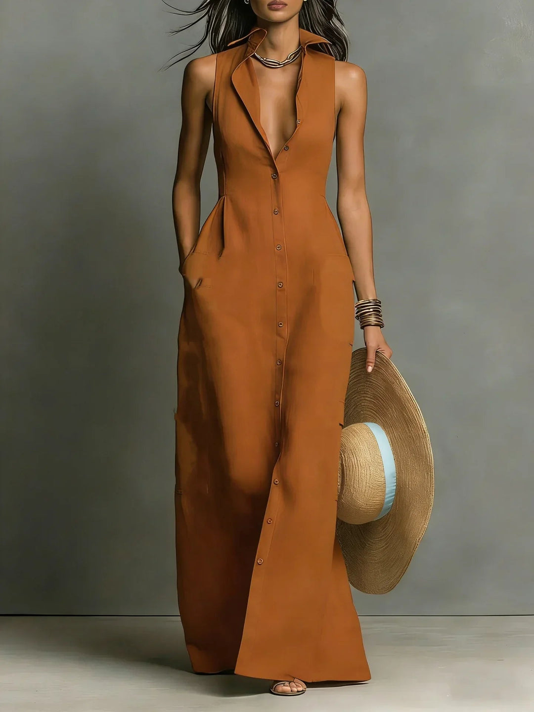 Nirasia | Women's Wedding Guest Elegant Button Down Sleeveless Maxi Dress Dresses — Light Brown