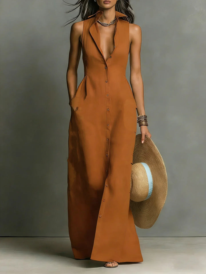 Nirasia | Women's Wedding Guest Elegant Button Down Sleeveless Maxi Dress Dresses — Light Brown