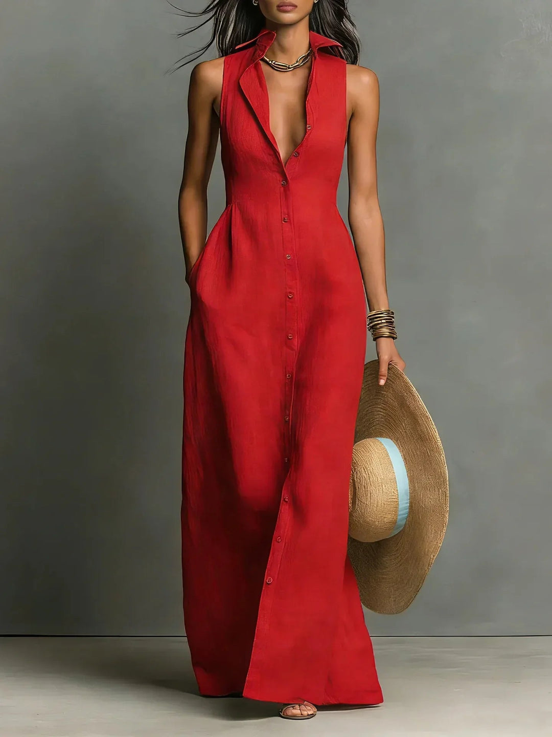 Nirasia | Women's Wedding Guest Elegant Button Down Sleeveless Maxi Dress Dresses — Red
