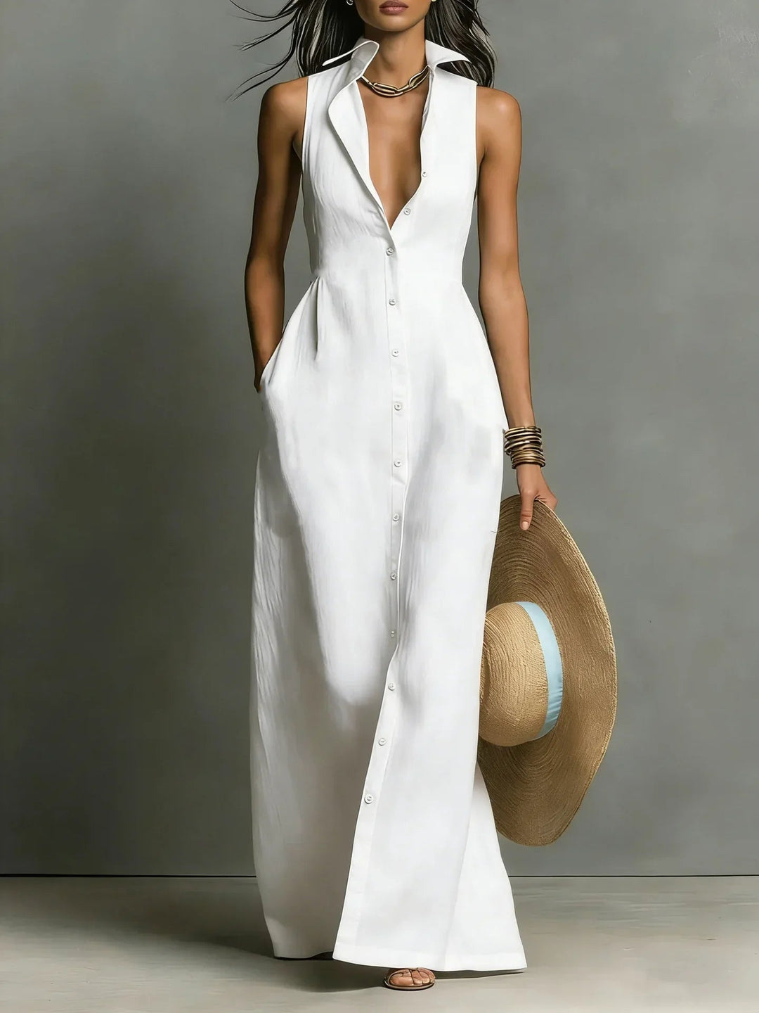 Nirasia | Women's Wedding Guest Elegant Button Down Sleeveless Maxi Dress Dresses — White