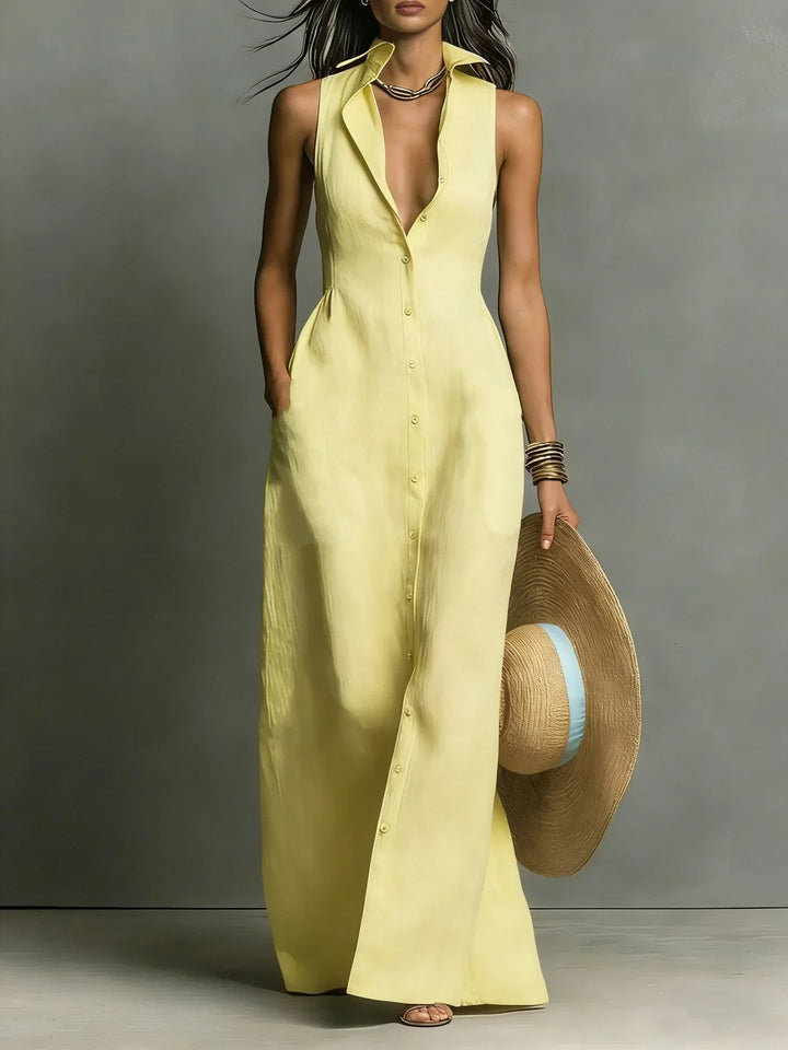 Nirasia | Women's Wedding Guest Elegant Button Down Sleeveless Maxi Dress Dresses — Yellow