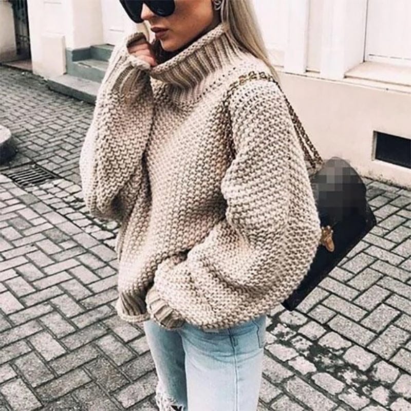 Novaessa | Women's Turtleneck Sweater Chunky Knit Layering - Light Pink / White