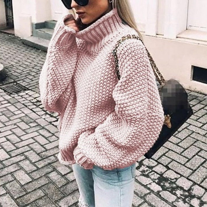 Novaessa | Women's Turtleneck Sweater Chunky Knit Layering - Light Pink / White