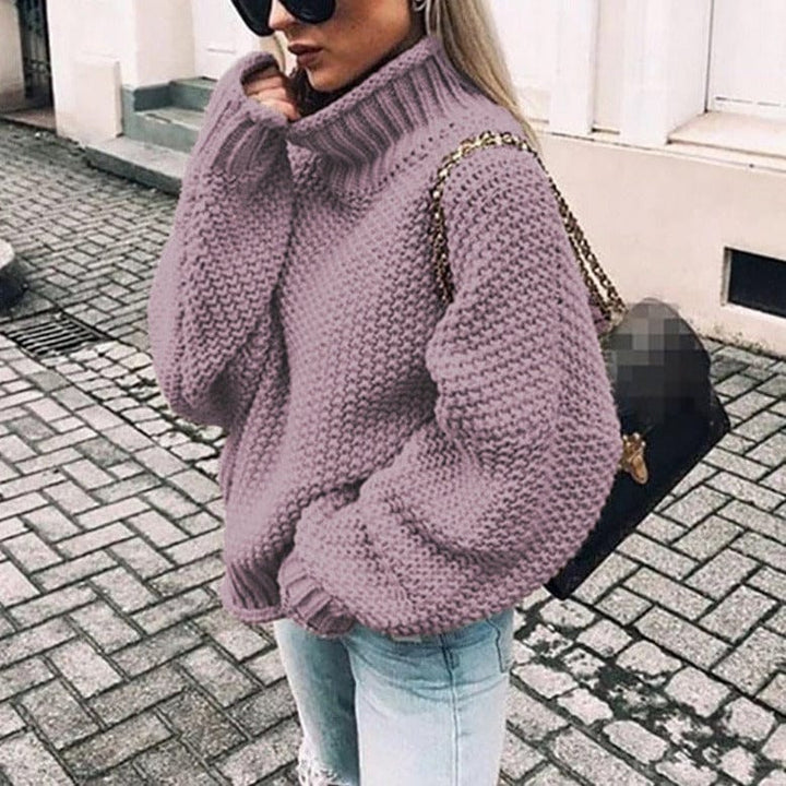 Novaessa | Women's Turtleneck Sweater Chunky Knit Layering - Light Pink / White