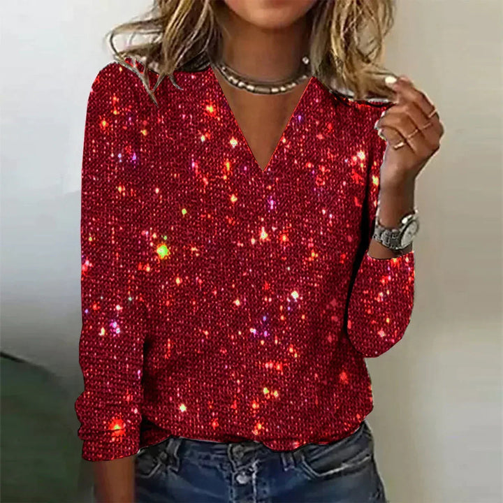 Novaienne | Women's Cozy Sparkle Knit Sweater – Sequin V-Neck Long Sleeve sweater — Red