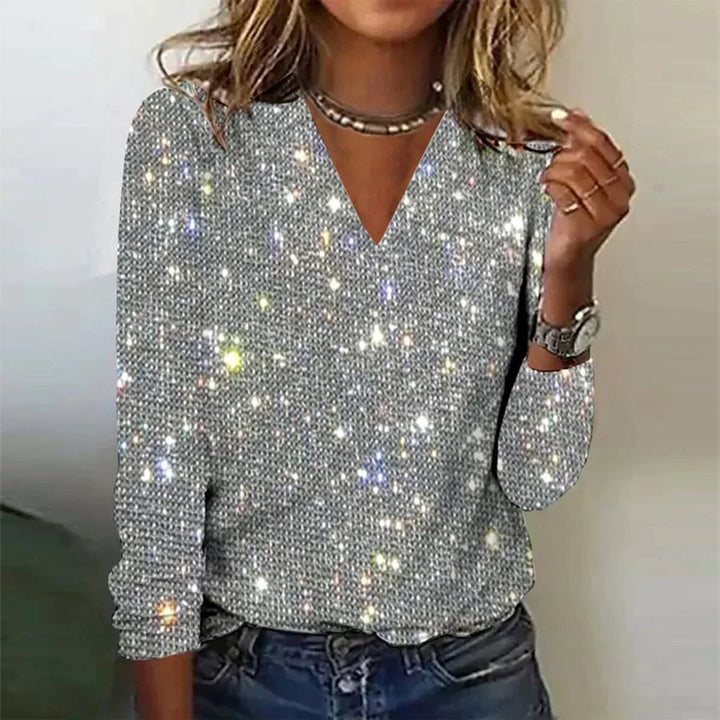 Novaienne | Women's Cozy Sparkle Knit Sweater – Sequin V-Neck Long Sleeve sweater — Silver