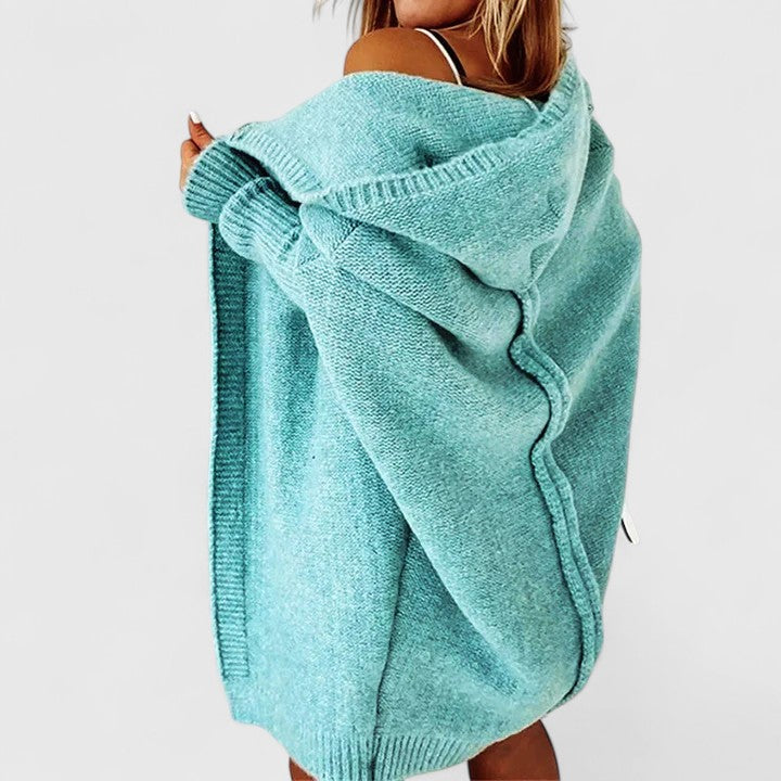 Novalise | Women's Knit Cozy Oversized Long Hooded Cardigan with Knee-Length Cut Sweaters — Blue