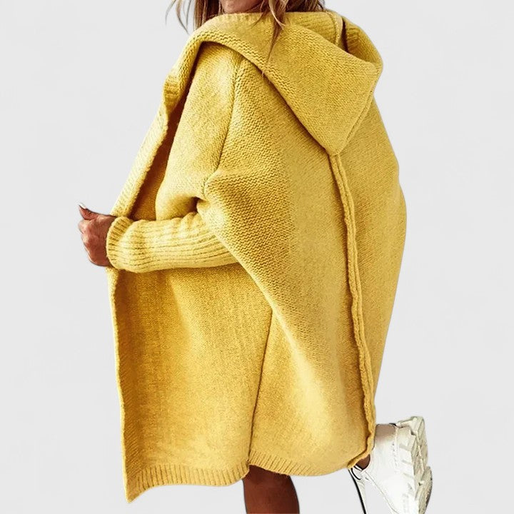 Novalise | Women's Knit Cozy Oversized Long Hooded Cardigan with Knee-Length Cut Sweaters — Yellow