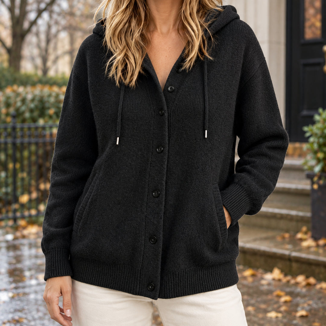 Novaora | Women's Drawcord Hood Textured Knit Button Cardigan