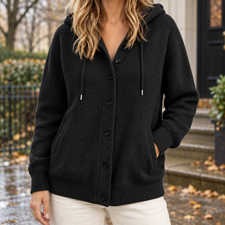 Novaora | Women's Drawcord Hood Textured Knit Button Cardigan