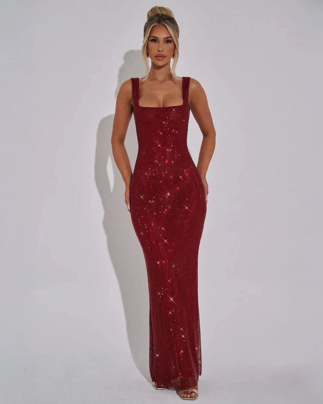 Octaviana | Women's Wedding Guest Elegant Maxi Dress with Embellished Fabric Dresses — Red