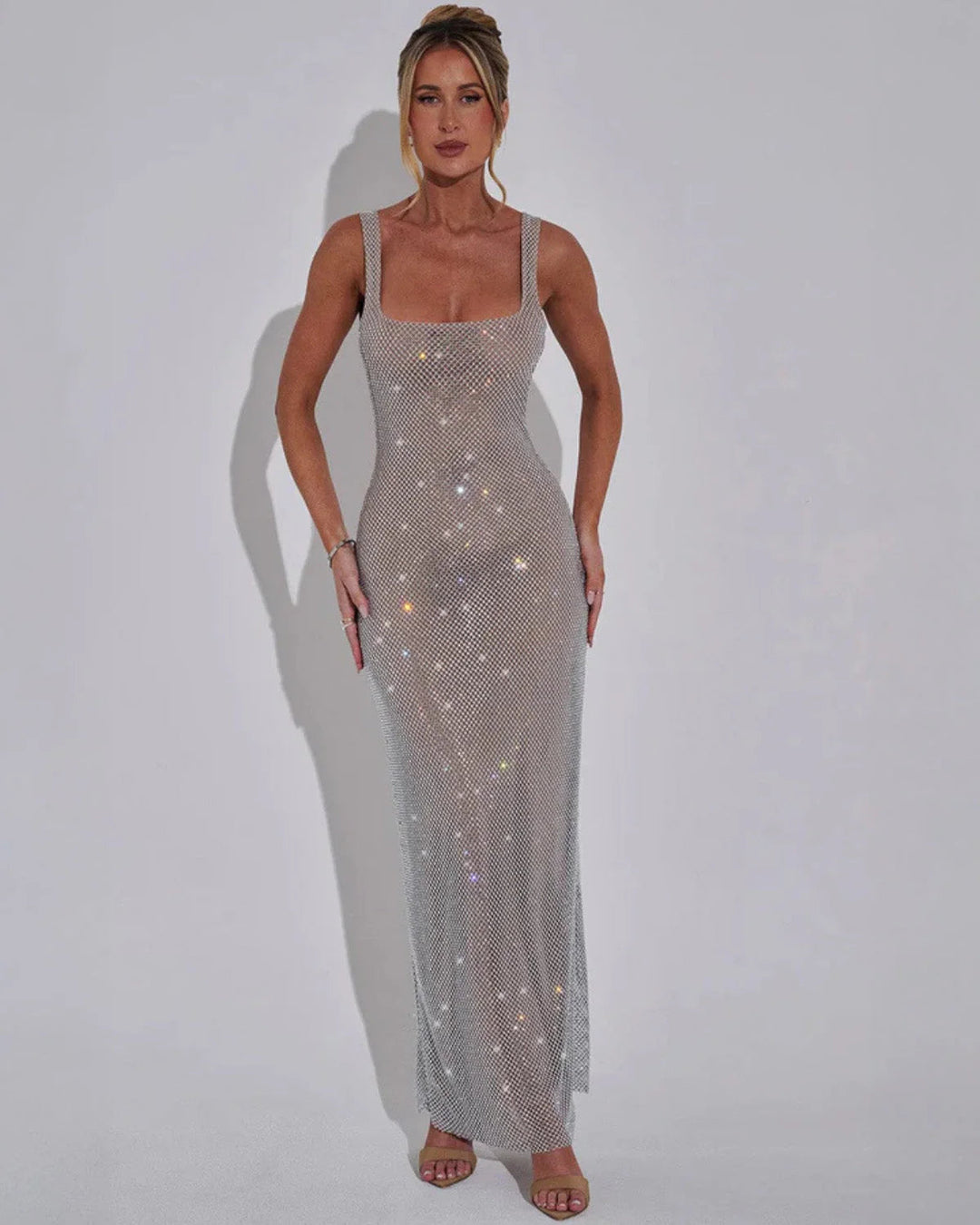 Octaviana | Women's Wedding Guest Elegant Maxi Dress with Embellished Fabric Dresses — Silver