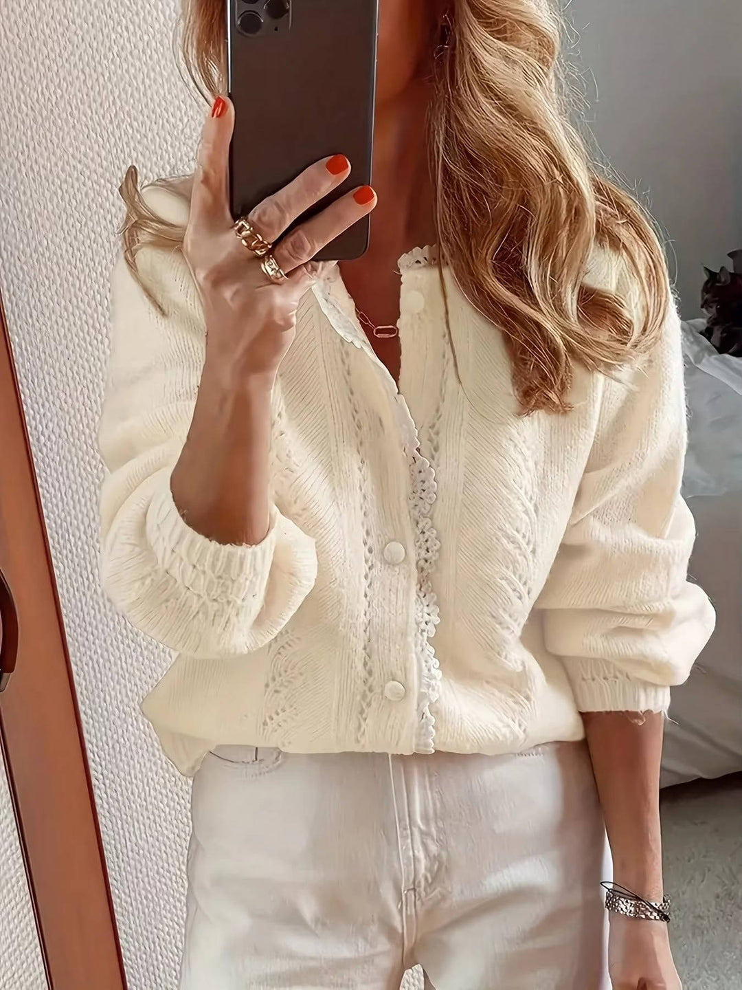 Ondaine | Women's Knit Cozy Button Front Cardigan with Crochet Detail Sweaters — Apricot