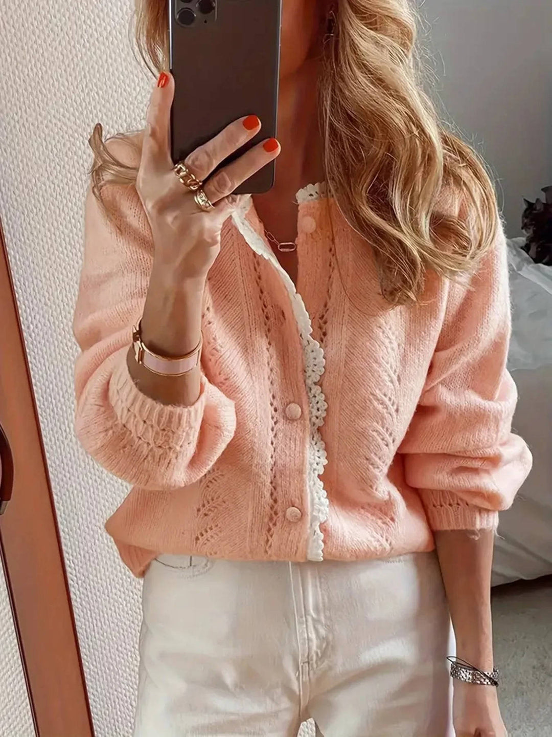 Ondaine | Women's Knit Cozy Button Front Cardigan with Crochet Detail Sweaters — Pink