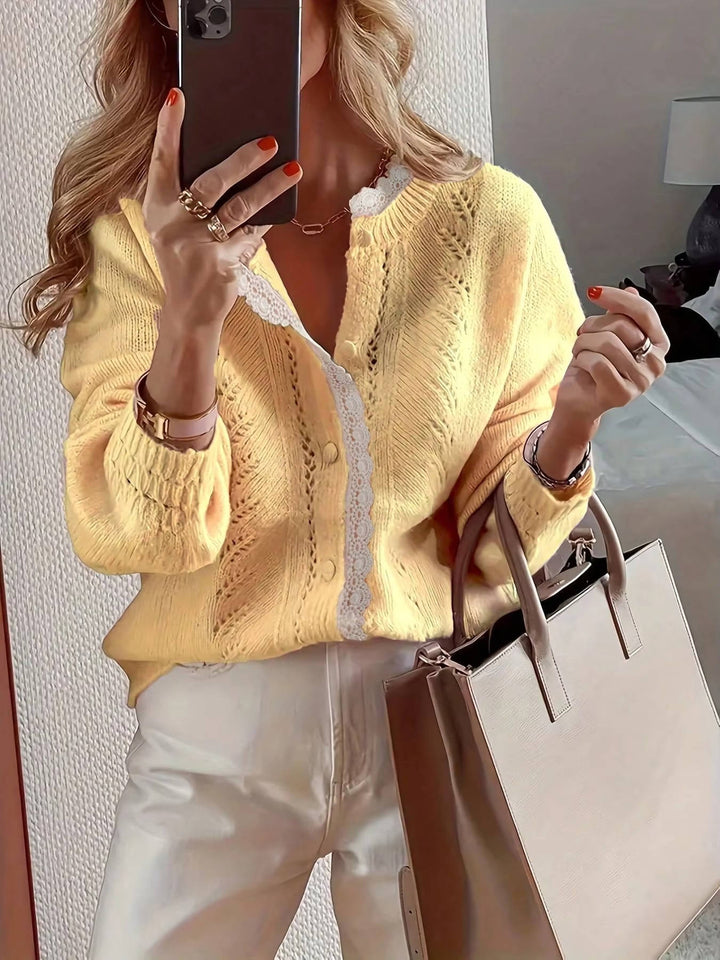 Ondaine | Women's Knit Cozy Button Front Cardigan with Crochet Detail Sweaters — Yellow