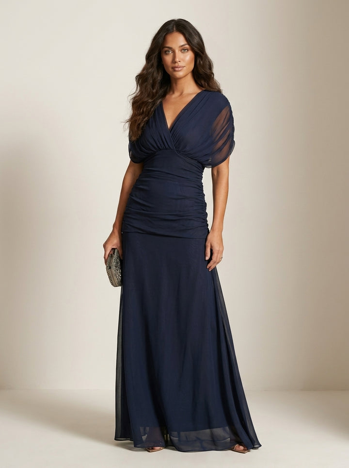 Orilyn | Women's Elegant Pleated Formal Maxi Gown – Flowy Wedding Guest Evening Dress — Blue