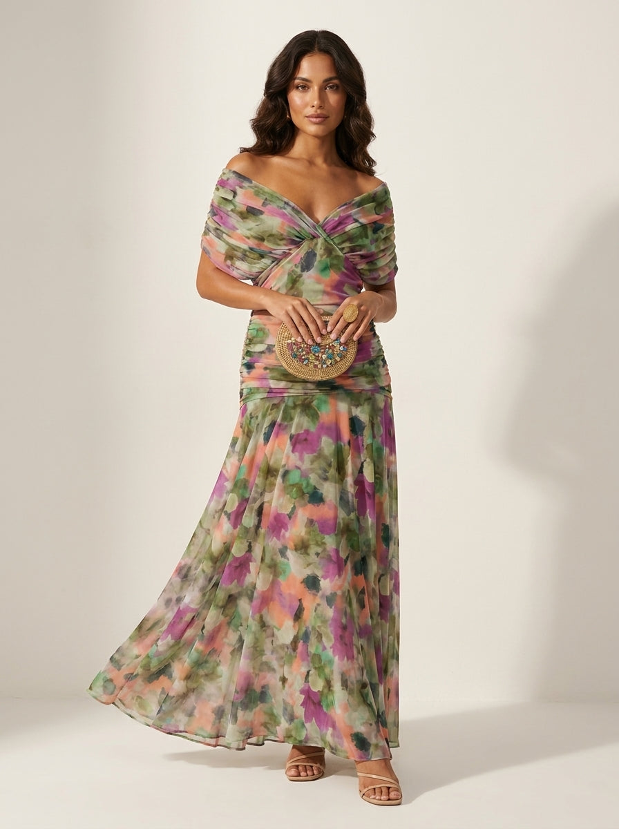 Orilyn | Women's Elegant Pleated Formal Maxi Gown – Flowy Wedding Guest Evening Dress — Green and Lilac