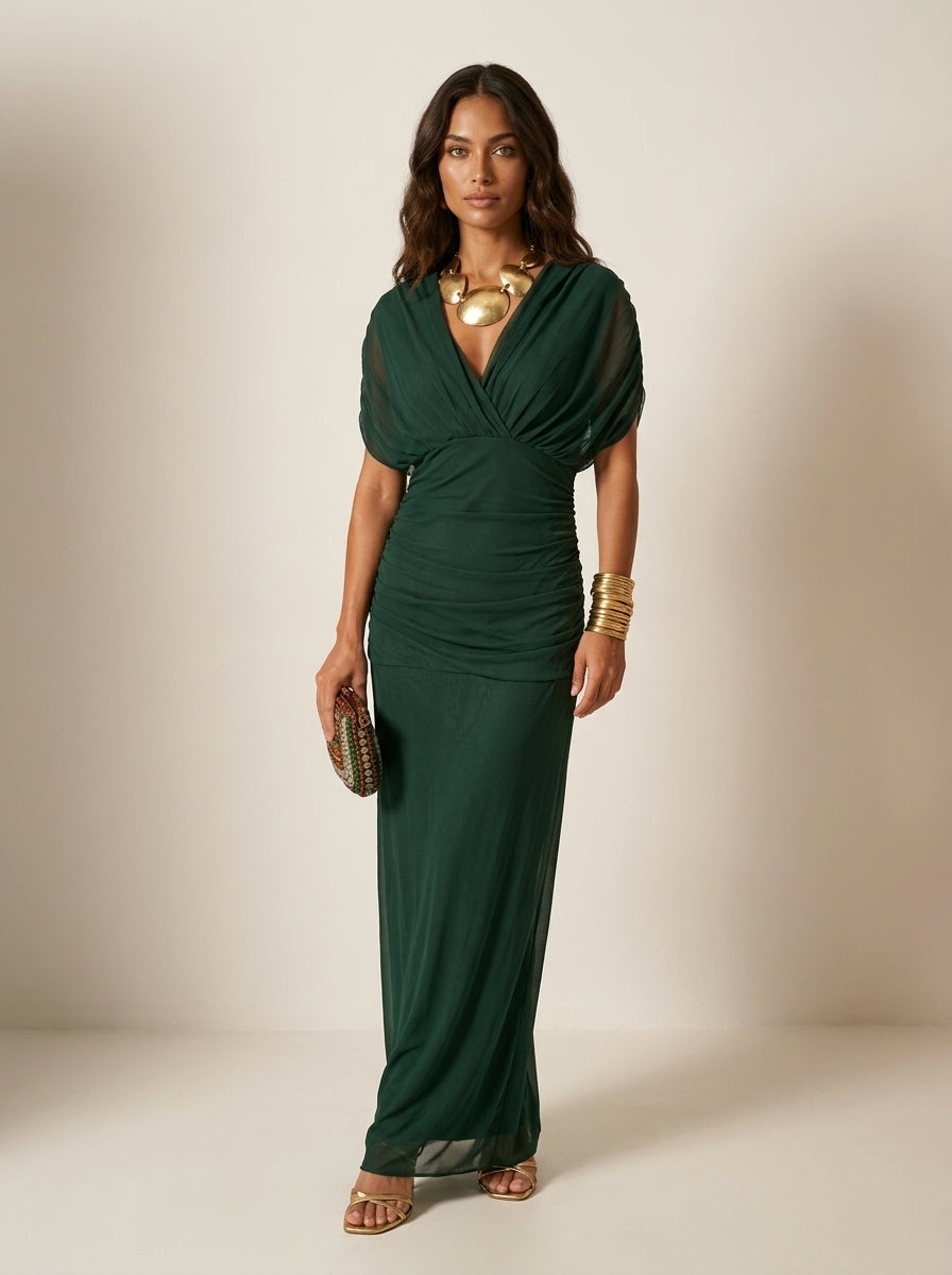 Orilyn | Women's Elegant Pleated Formal Maxi Gown – Flowy Wedding Guest Evening Dress — Green