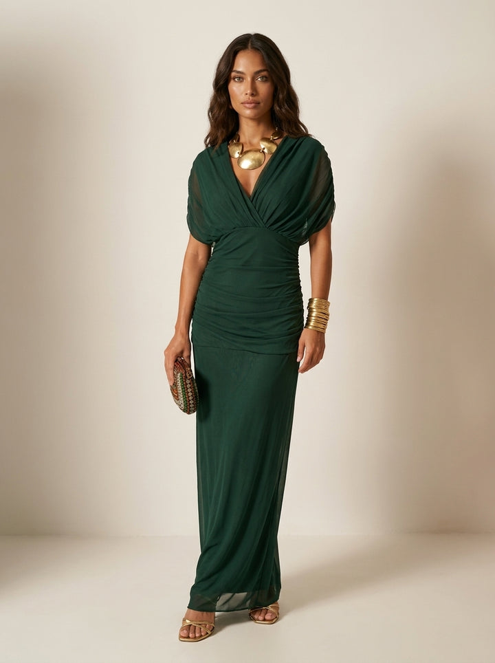 Orilyn | Women's Elegant Pleated Formal Maxi Gown – Flowy Wedding Guest Evening Dress — Green