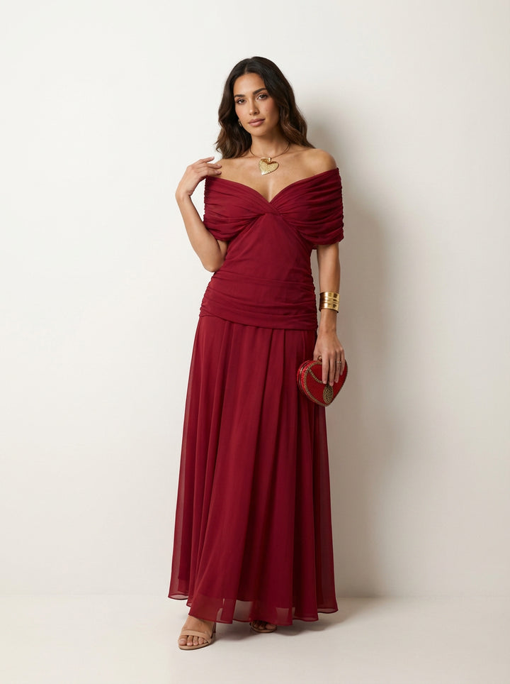 Orilyn | Women's Elegant Pleated Formal Maxi Gown – Flowy Wedding Guest Evening Dress — Red