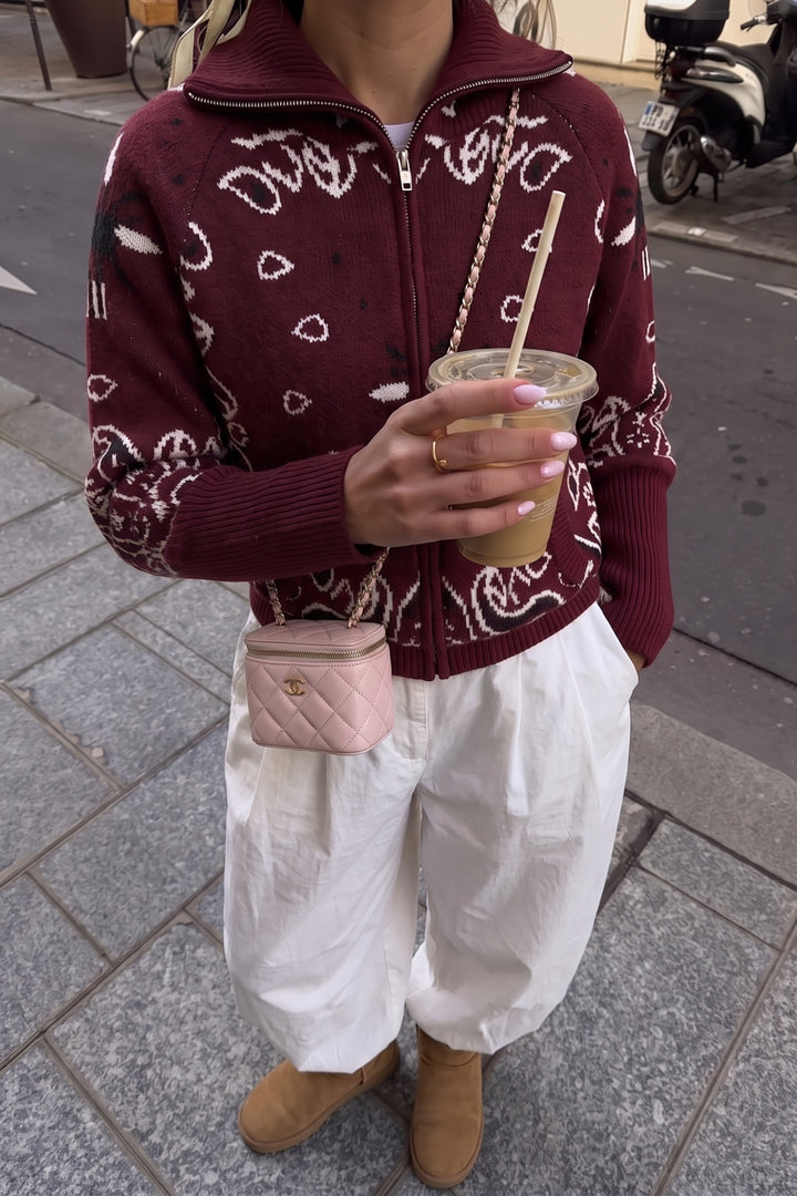 Ottilina | Women's Cozy Bandana Print Knit Cardigan — Burgundy