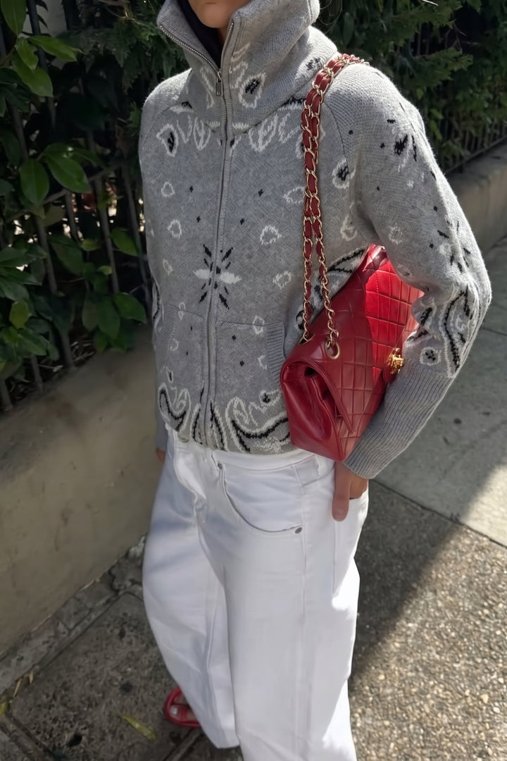Ottilina | Women's Cozy Bandana Print Knit Cardigan — Gray