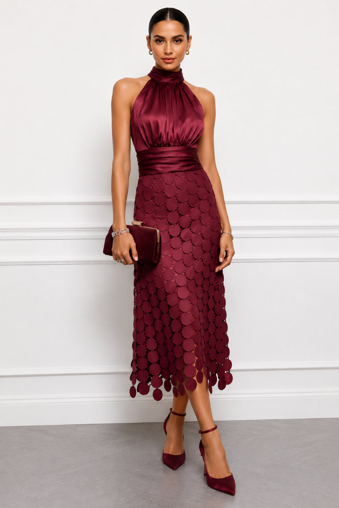 Ottilstine | Women's Elegant Halter Party Midi Dress — Berry Wine