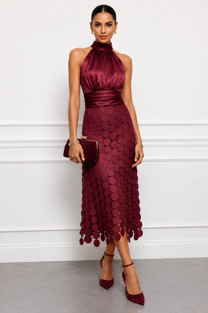 Ottilstine | Women's Elegant Halter Party Midi Dress — Berry Wine