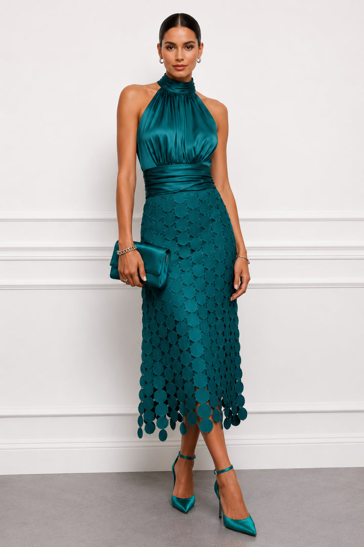 Ottilstine | Women's Elegant Halter Party Midi Dress — Dark Green