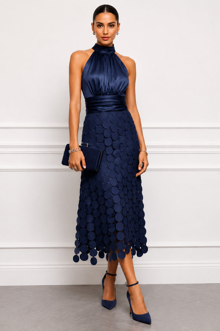 Ottilstine | Women's Elegant Halter Party Midi Dress — Navy
