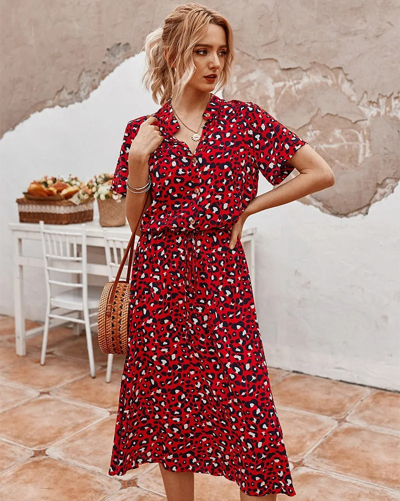 Chic red midi dress with gathered waist detail
