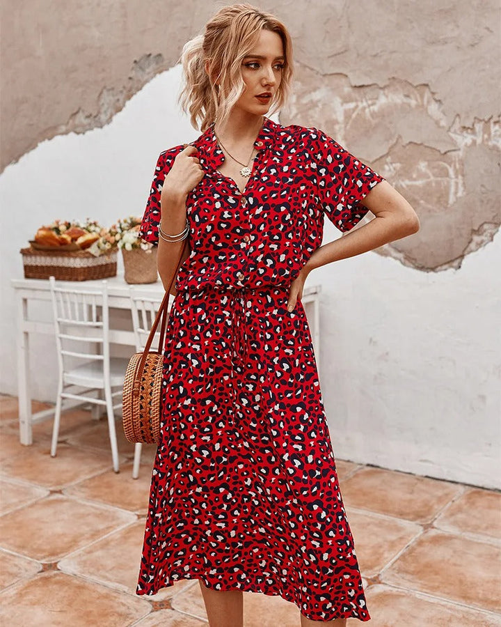 Chic red midi dress with gathered waist detail