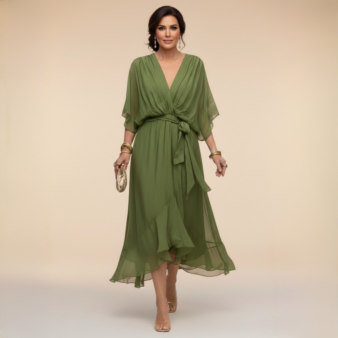 V-neck wrap midi dress with tie waist on a plain background.